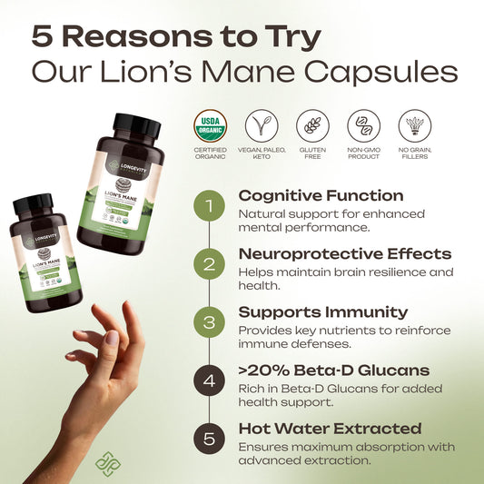 Organic Lion's Mane Capsules Mushroom Extract (120 count) - Fuel for a Sharper Mind