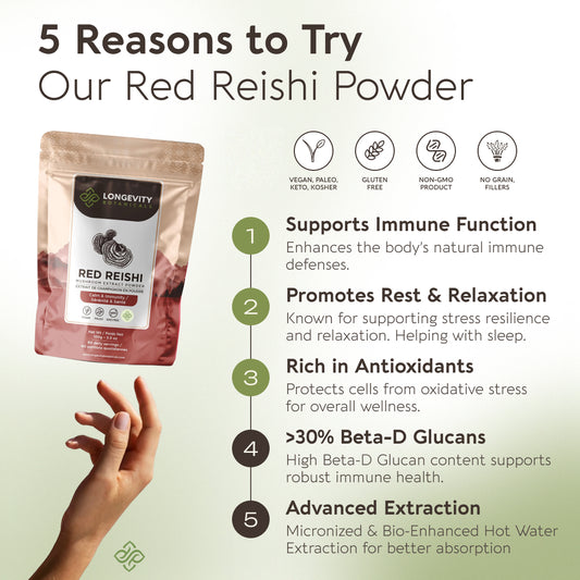 Red Reishi Mushroom Powder 10:1 Extract. Relax, Restore, Rejuvenate (3.5oz / 100g)