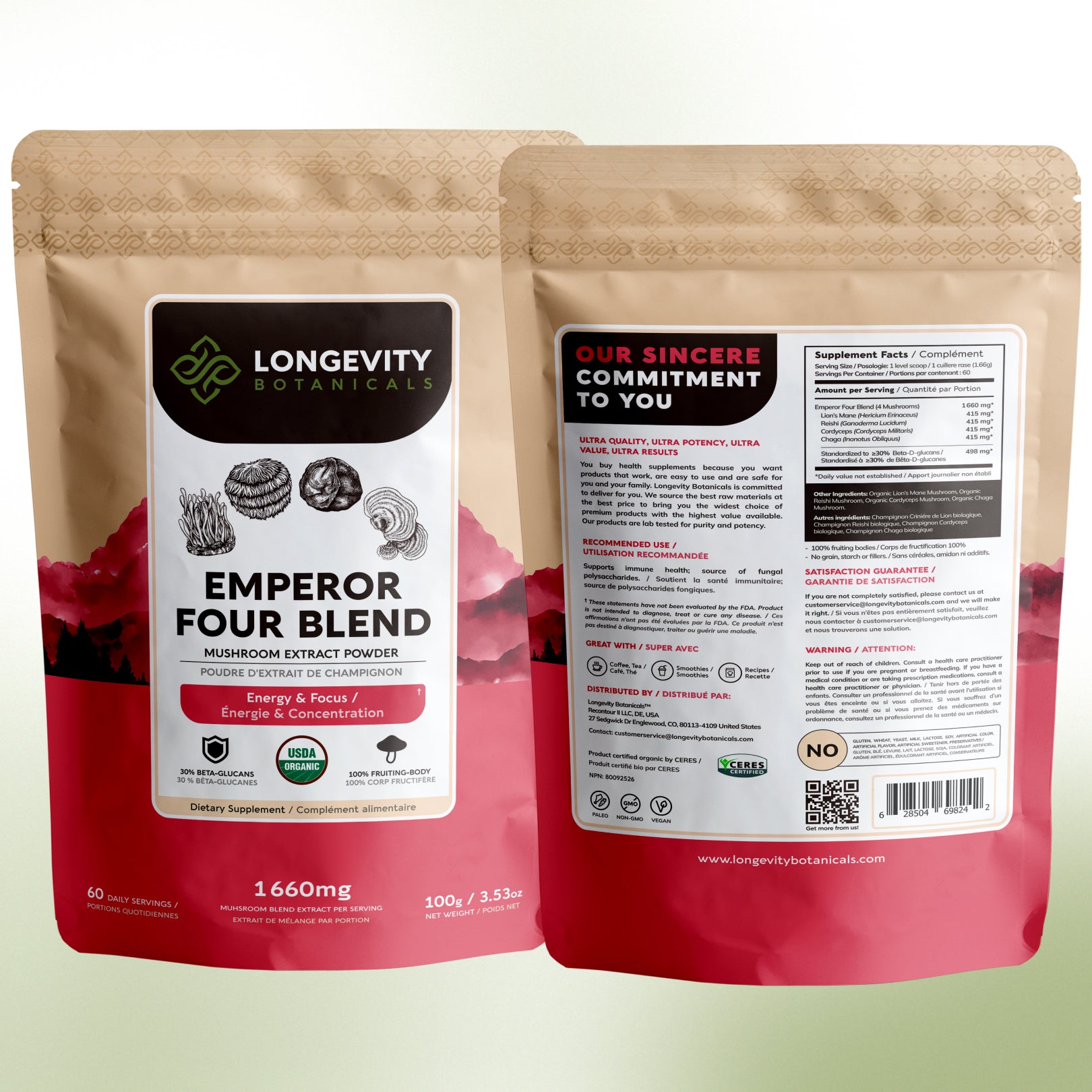 Organic Bulk Emperor's 4 Mushroom Blend 10:1  Extract Powder (1 KG / 2.2 LB) (10 Bags)