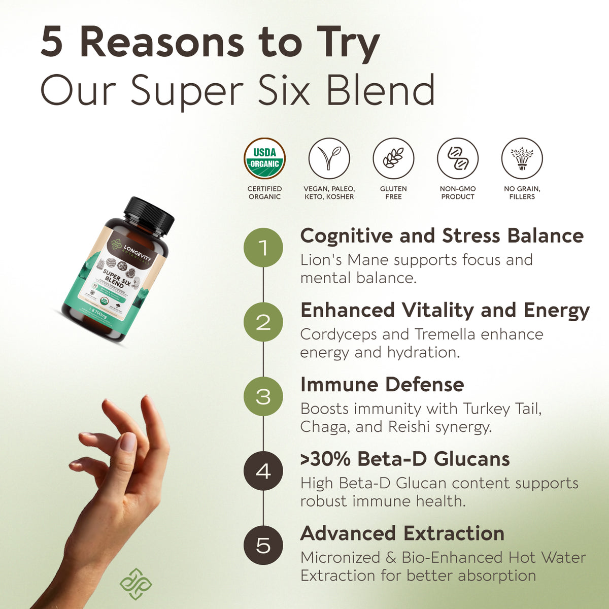 Organic Super Six Mushroom Blend Capsules 10:1 Extract, image 7