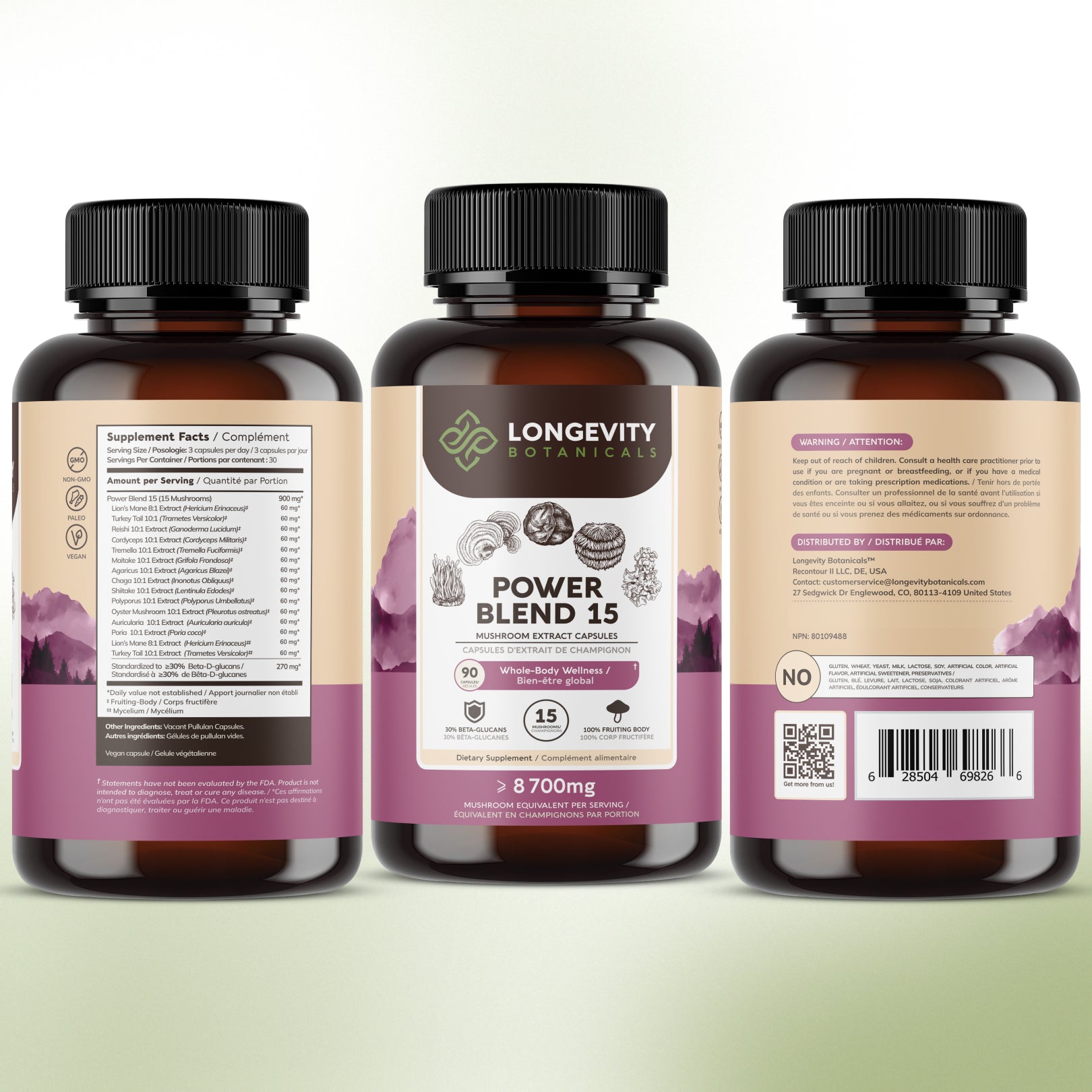 Power Blend 15 Mushroom Capsules 10:1 Extract (90 Count) - Complete Body & Mind Support