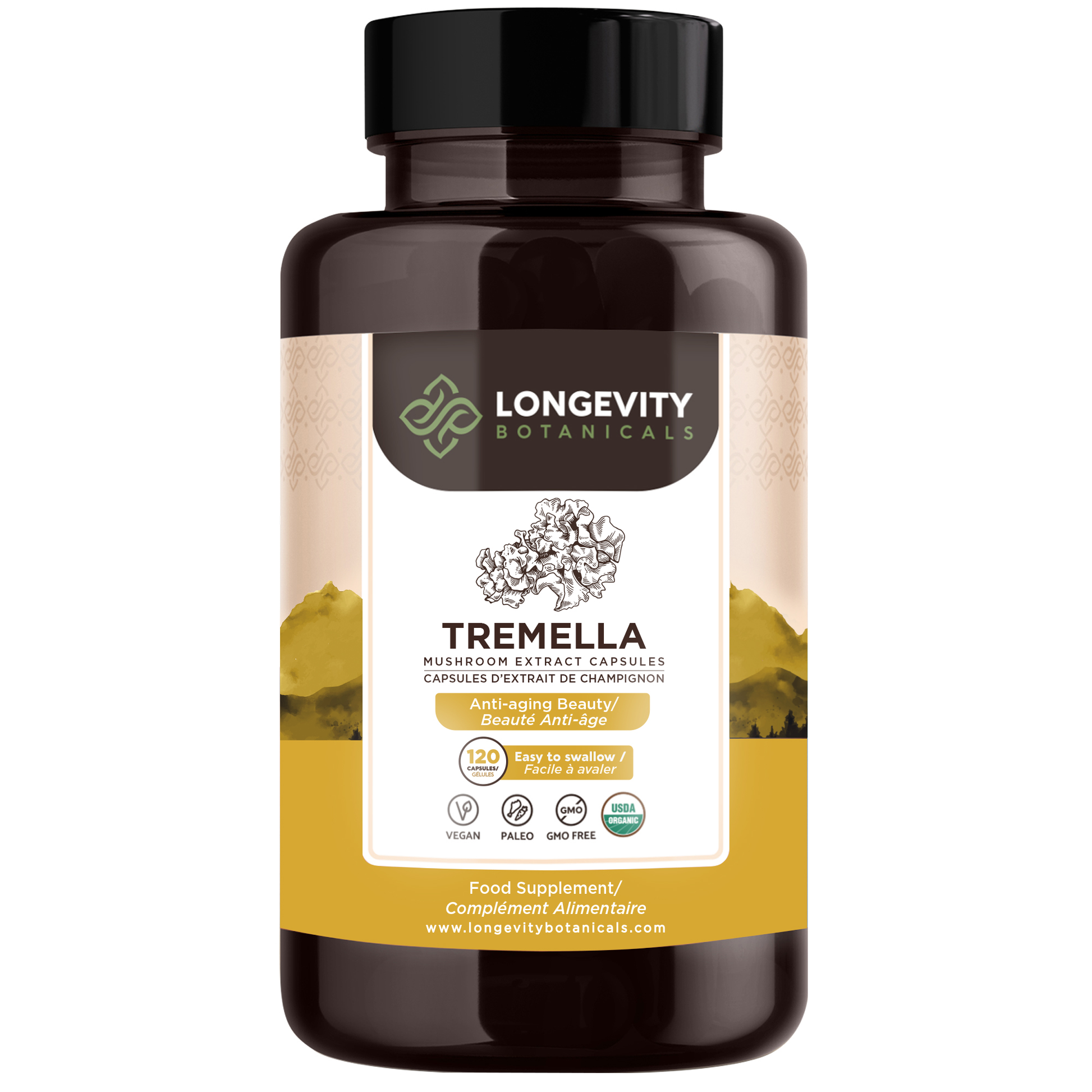 Organic Tremella Mushroom Extract Capsules (120 Count) - Skin Hydration Redefined - LongevityBotanicals Mushrooms