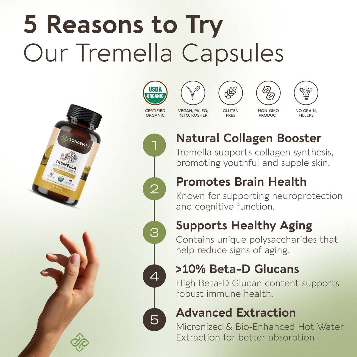 Organic Tremella Capsules Mushroom 10:1 Extract, image 7