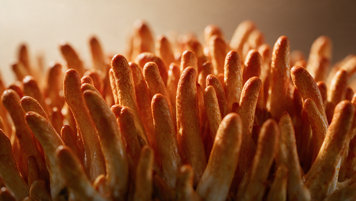 Close-up of orange Cordyceps militaris fruiting bodies