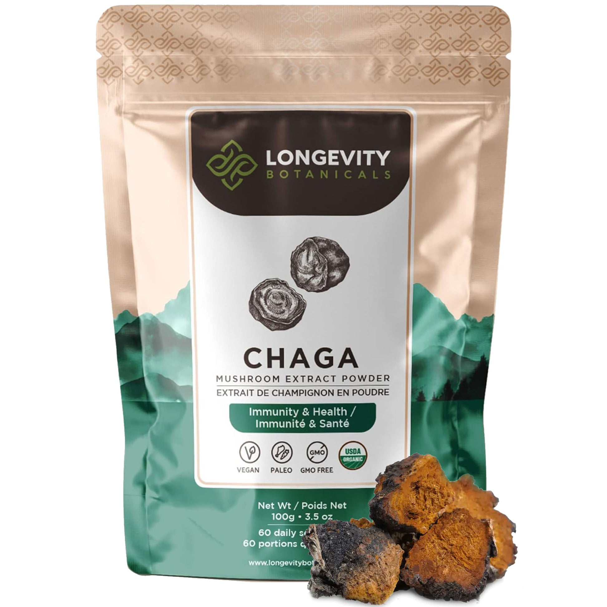 Organic Chaga Mushroom Extract Powder (100 Grams) - Immune System & Cellular Health Aid - LongevityBotanicals Mushrooms