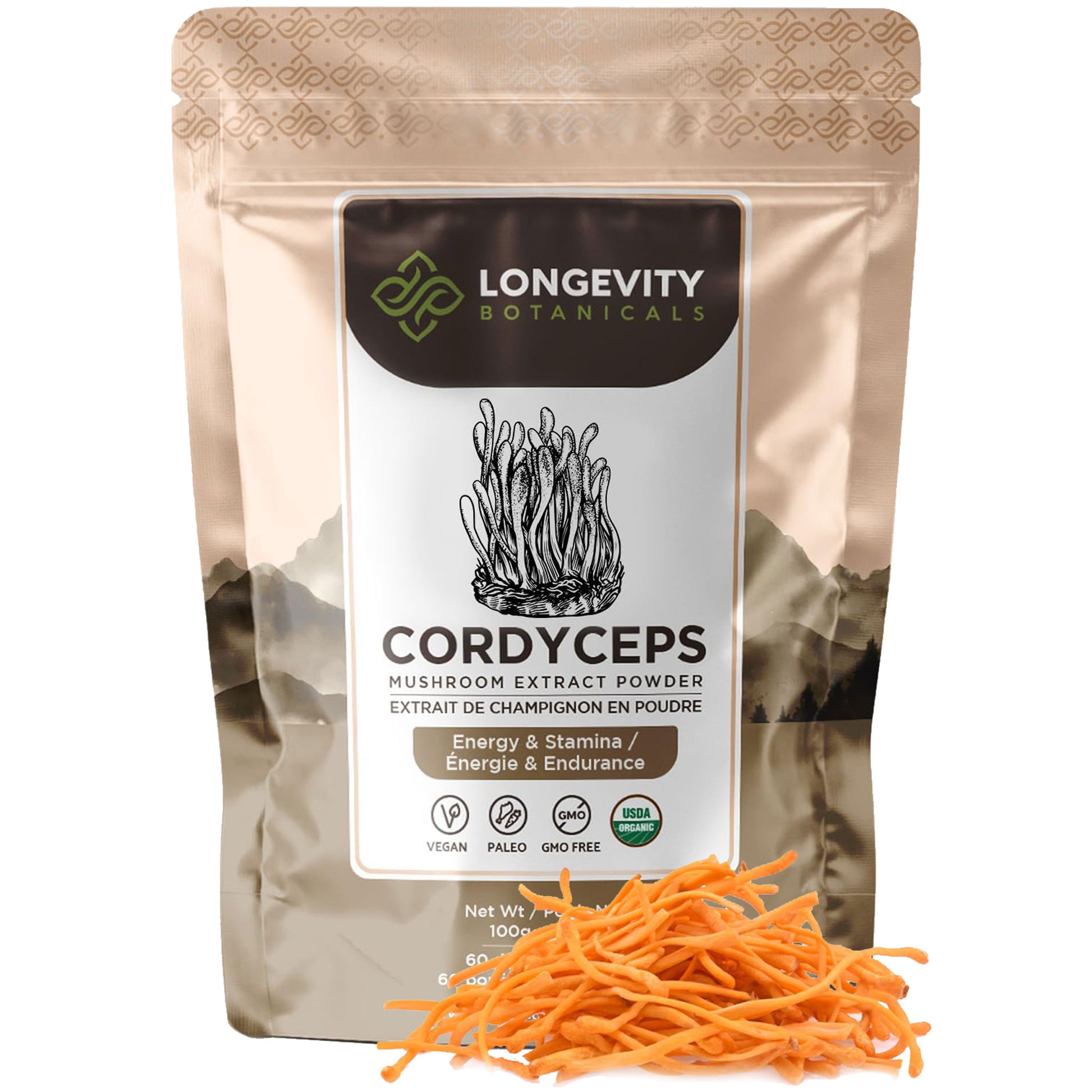 Organic Cordyceps Mushroom Extract Powder (100 Grams) - Energy & Endurance Unleashed - LongevityBotanicals Mushrooms