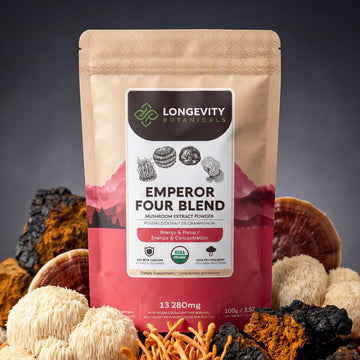 Emperor 4 Mushroom Blend Powder 10:1 Extract. Reishi, Cordyceps, Lion’s Mane & Chaga (3.5oz / 100g)