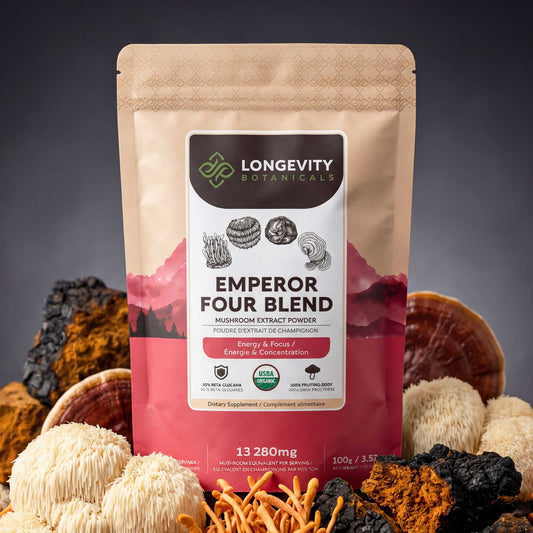 Emperor 4 Mushroom Blend Powder 10:1 Extract. Reishi, Cordyceps, Lion’s Mane & Chaga (3.5oz / 100g)