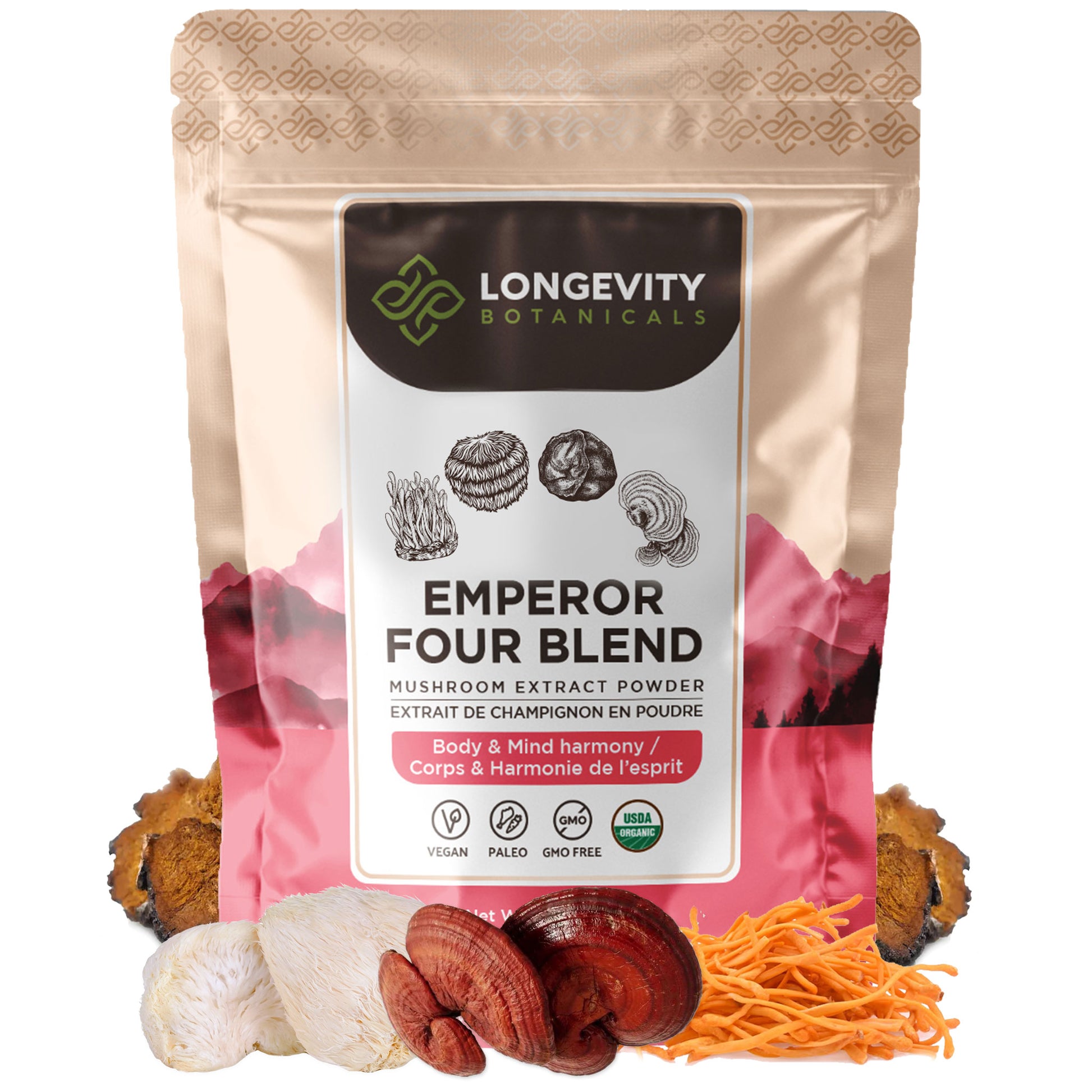 Organic Emperor 4 Blend Mushroom Extract Powder (100 Grams) - Ultimate Wellness Synergy - LongevityBotanicals Mushrooms