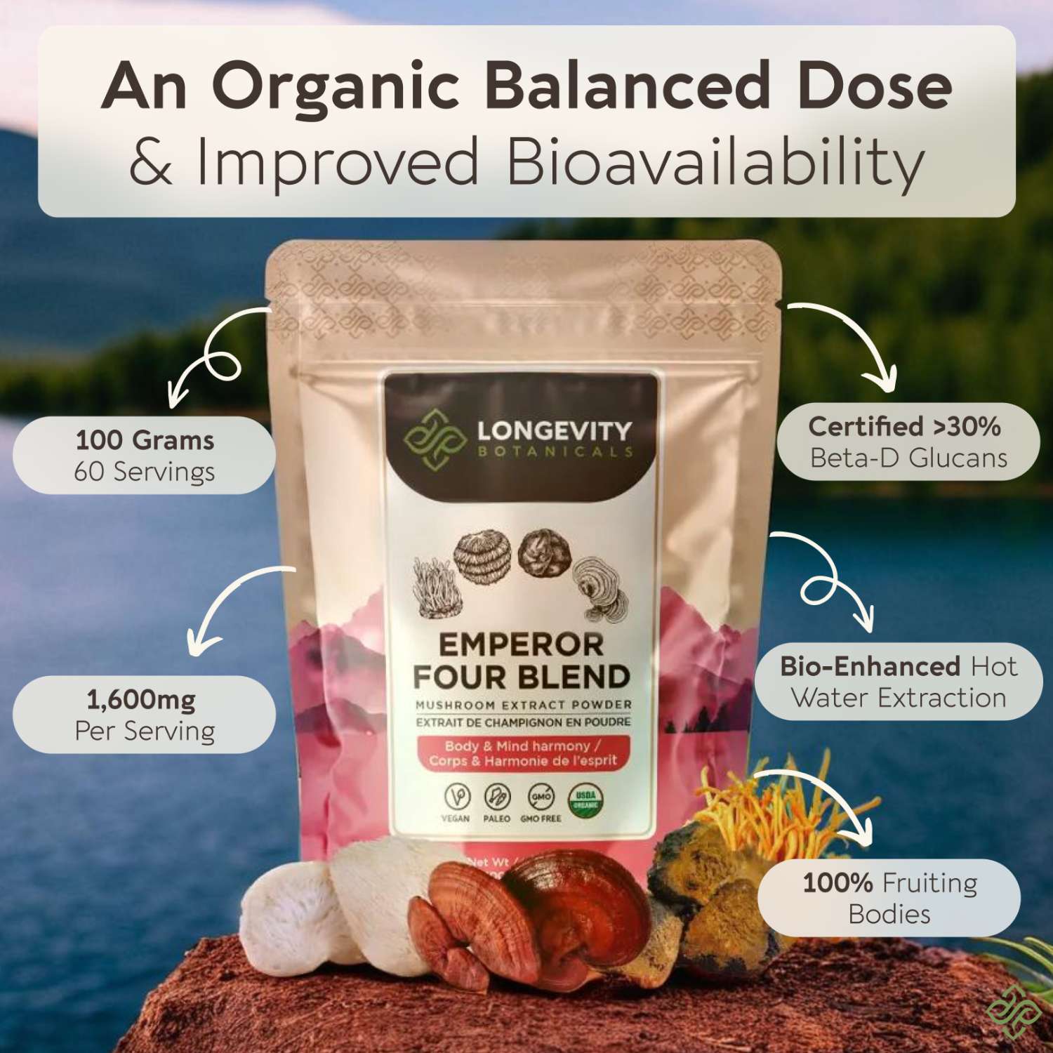 Organic Emperor 4 Mushroom Blend Powder Extract (100g) - Red Reishi, Cordyceps Militaris, Lion’s Mane, Chaga - LongevityBotanicals Mushrooms