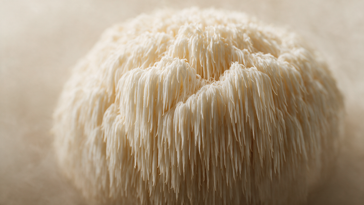 Close-up of a Lion's Mane mushroom fruiting body