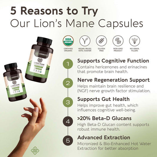 Organic Lion's Mane Capsules Mushroom 8:1 Extract (120 count) - Fuel for a Sharper Mind - LongevityBotanicals Mushrooms