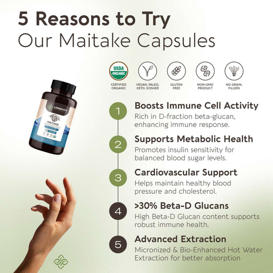 Organic Maitake Capsules Mushroom Extract (120 count) Balance Your Wellness Naturally