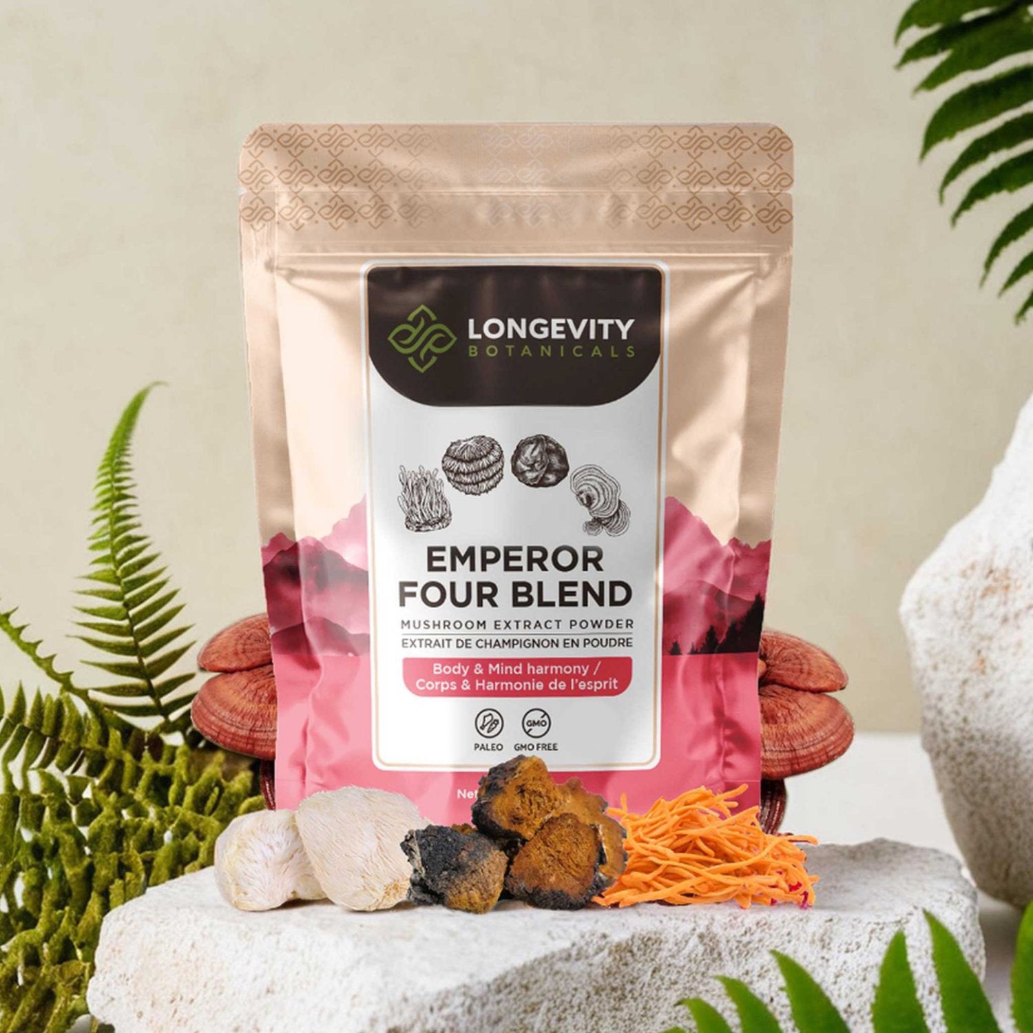 Emperor 4 Mushroom Blend Powder 10:1 Extract. Reishi, Cordyceps, Lion’s Mane & Chaga (3.5oz / 100g)