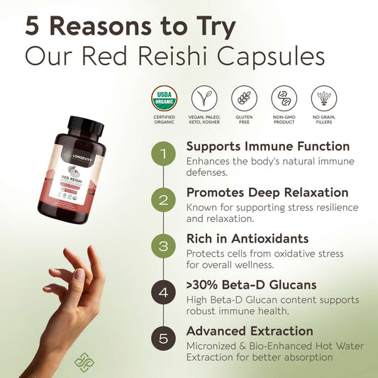 Organic Red Reishi Capsules Mushroom 10:1 Extract (120 count) Relax, Restore, Rejuvenate - LongevityBotanicals Mushrooms