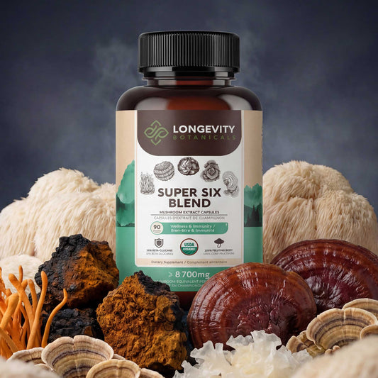 Super Six Mushroom Blend Capsules 10:1 Extract (90 count) - Red Reishi, Cordyceps, Lion’s Mane, Chaga, Tremella, and Turkey Tail