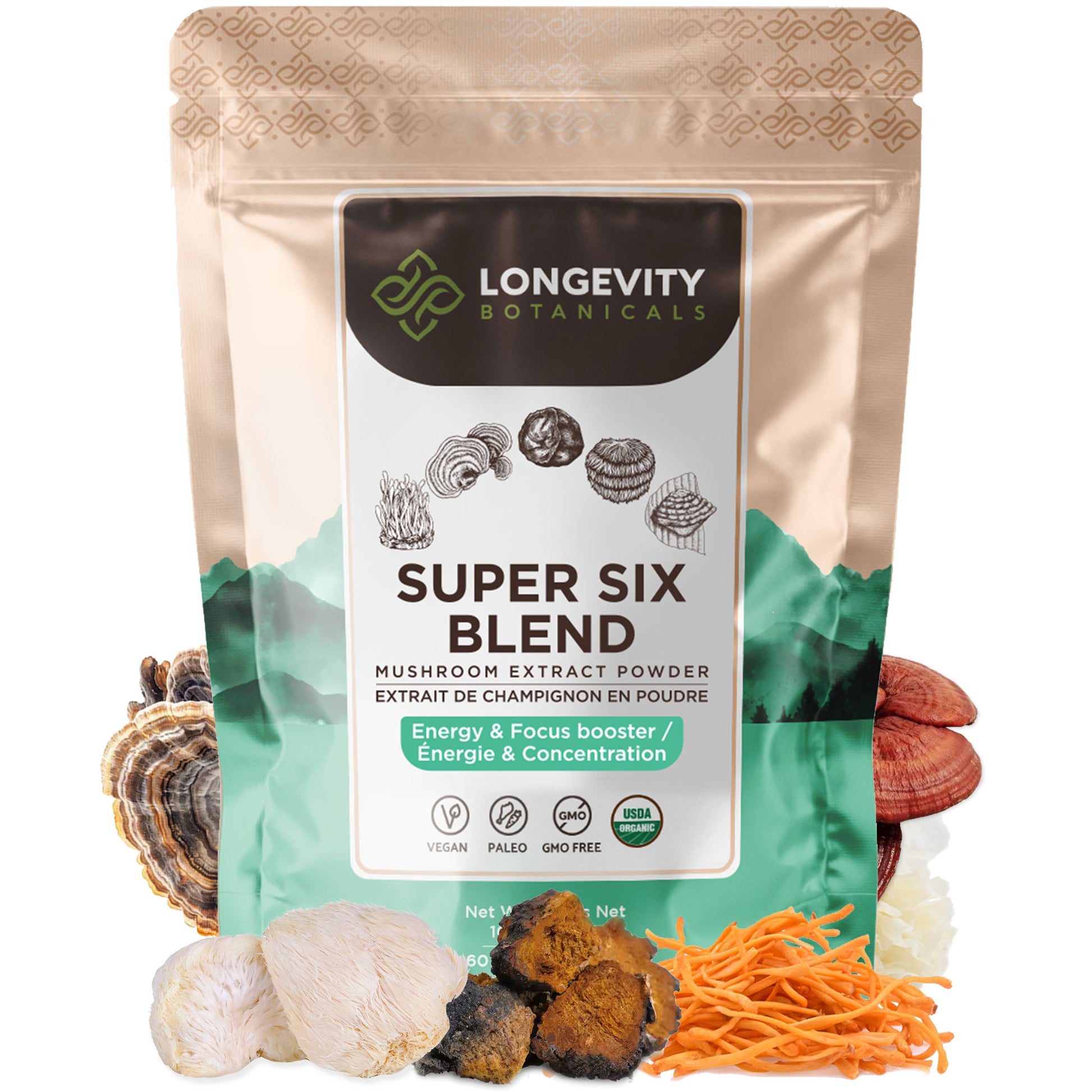 Organic Super Six Blend Mushroom Extract Powder (100 Grams) - All-in-One Health & Vitality - LongevityBotanicals Mushrooms