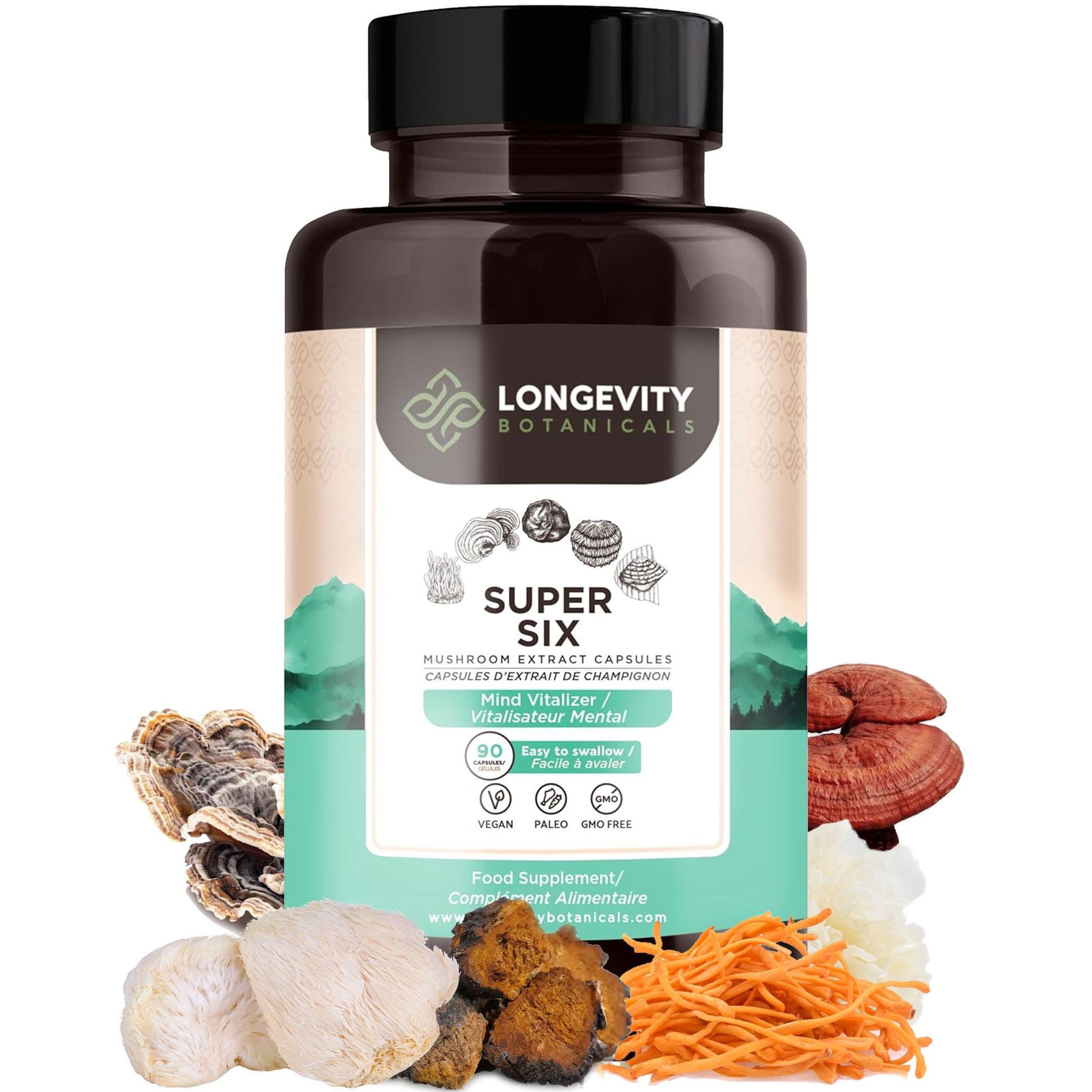 Organic Super Six Blend Mushroom Extract Capsules (90 Count) - All-in-One Health & Vitality - LongevityBotanicals Mushrooms