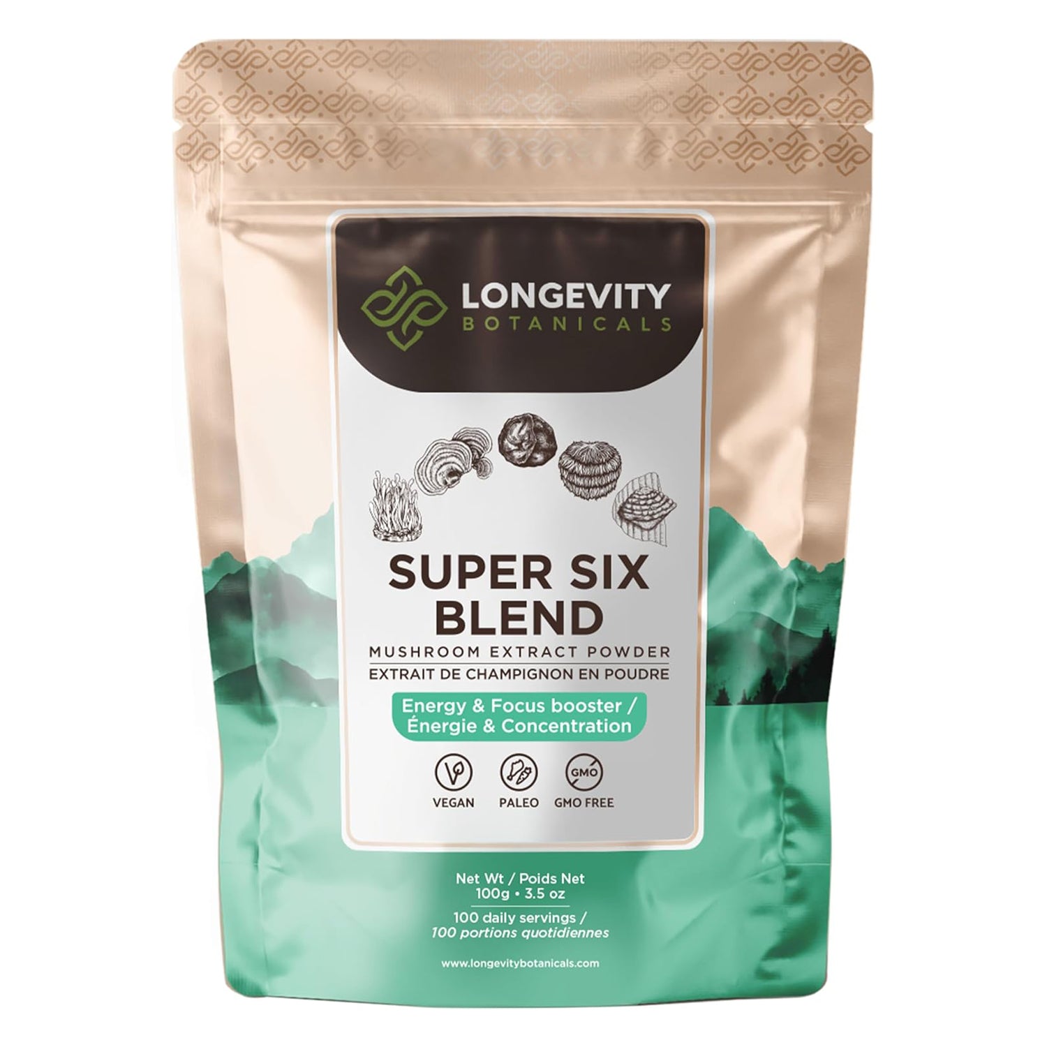 Organic Super Six Blend Mushroom Extract Powder (100 Grams) - All-in-One Health & Vitality - LongevityBotanicals Mushrooms