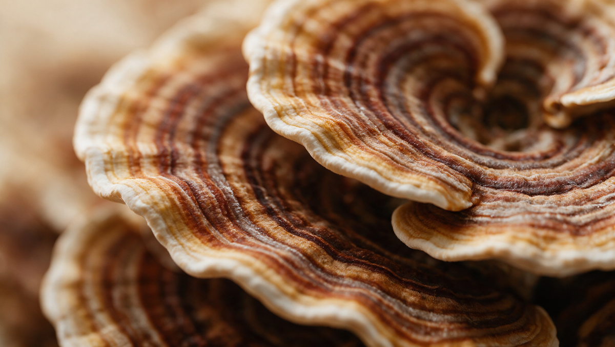 Close-up of the banded caps of Turkey Tail mushrooms