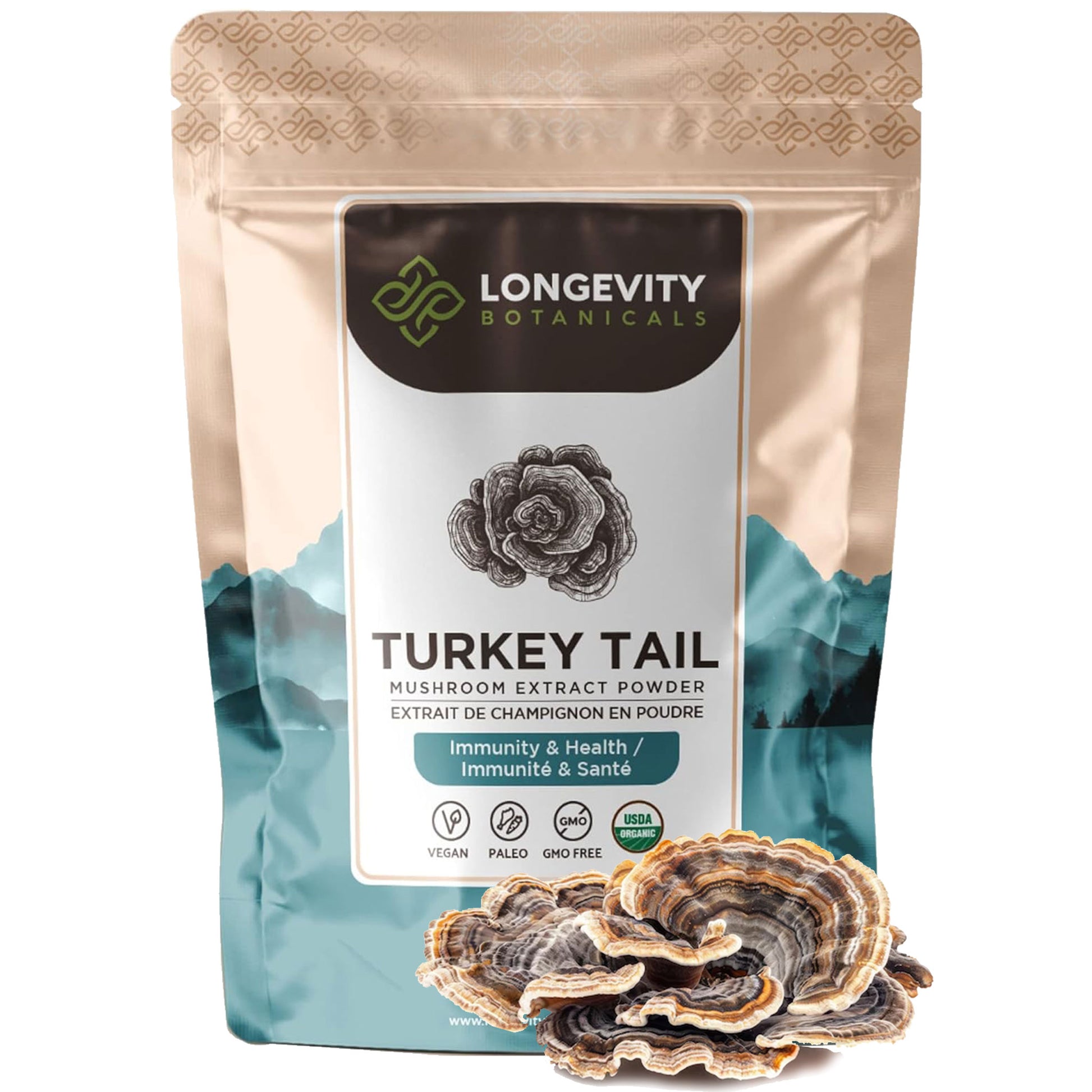 Organic Turkey Tail Mushroom Extract Powder (100 Grams) - Gut & Immune Health Booster - LongevityBotanicals Mushrooms