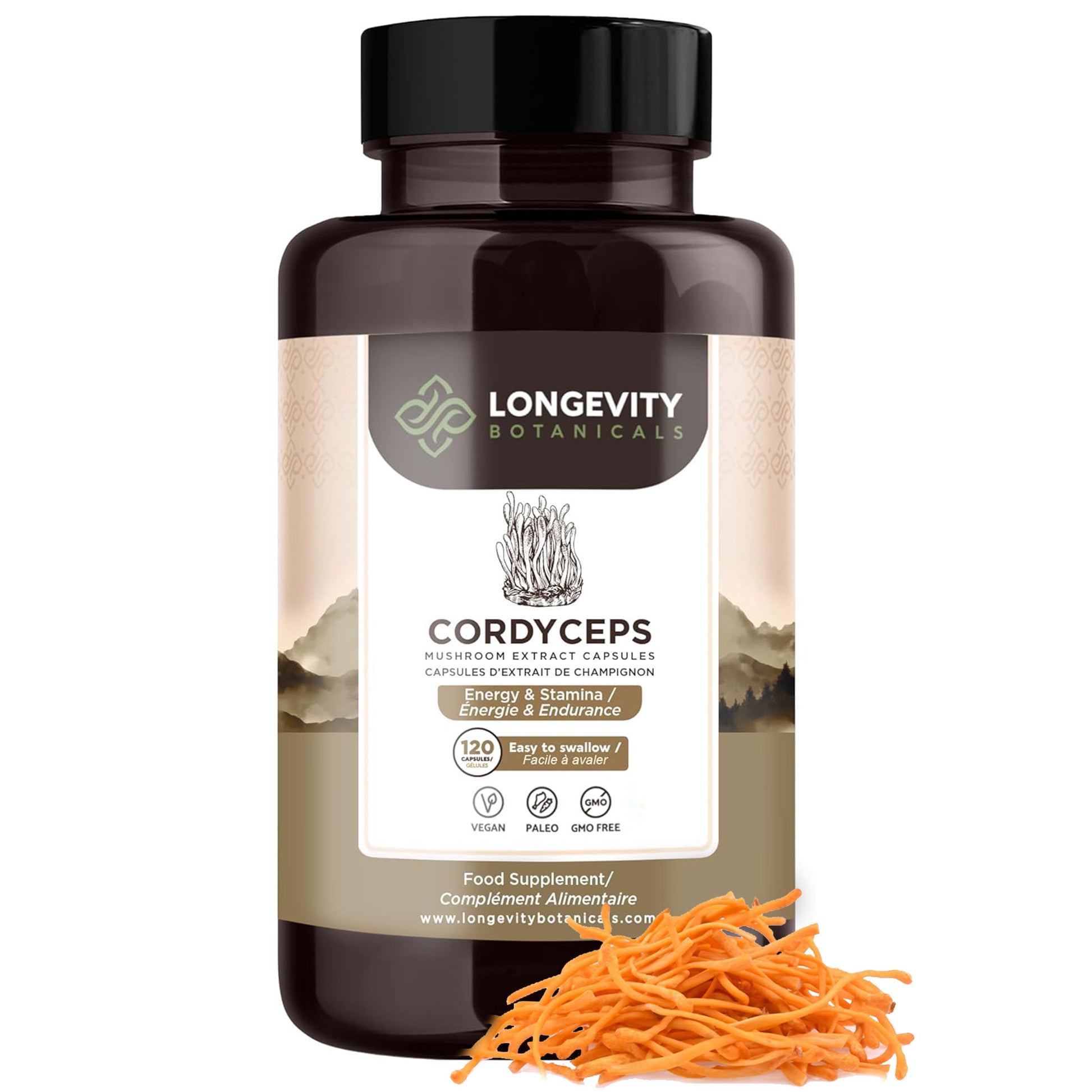 Organic Cordyceps Capsules Mushroom 10:1 Extract (120 Count) Energy & Endurance Unleashed - LongevityBotanicals Mushrooms