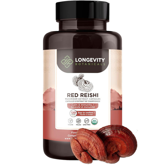 Organic Red Reishi Mushroom Extract Capsules (120 count) - Relax, Restore, Rejuvenate - LongevityBotanicals Mushrooms