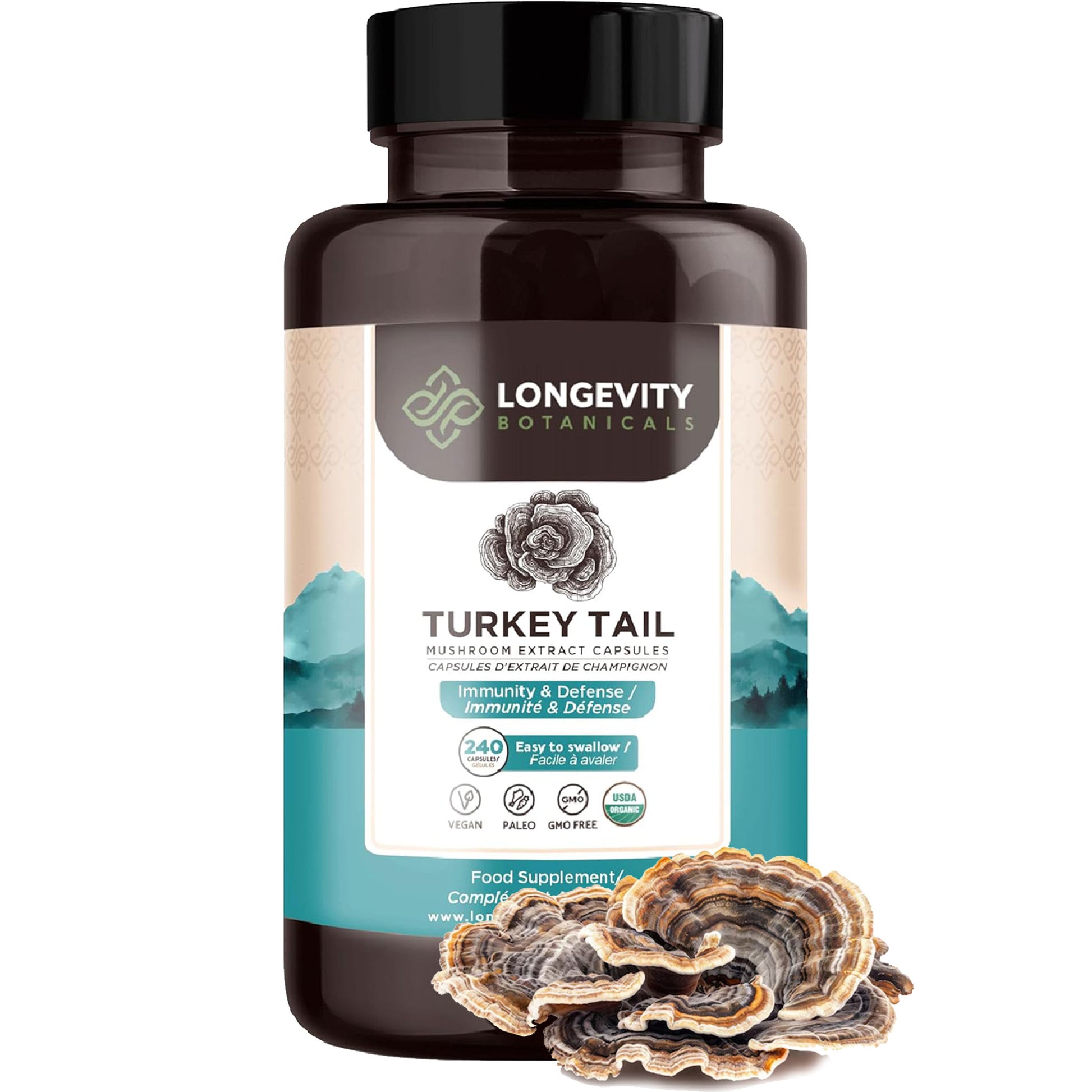 Organic Turkey Tail Mushroom Extract Capsules (240 Count) - Gut & Immune Health Booster - LongevityBotanicals Mushrooms