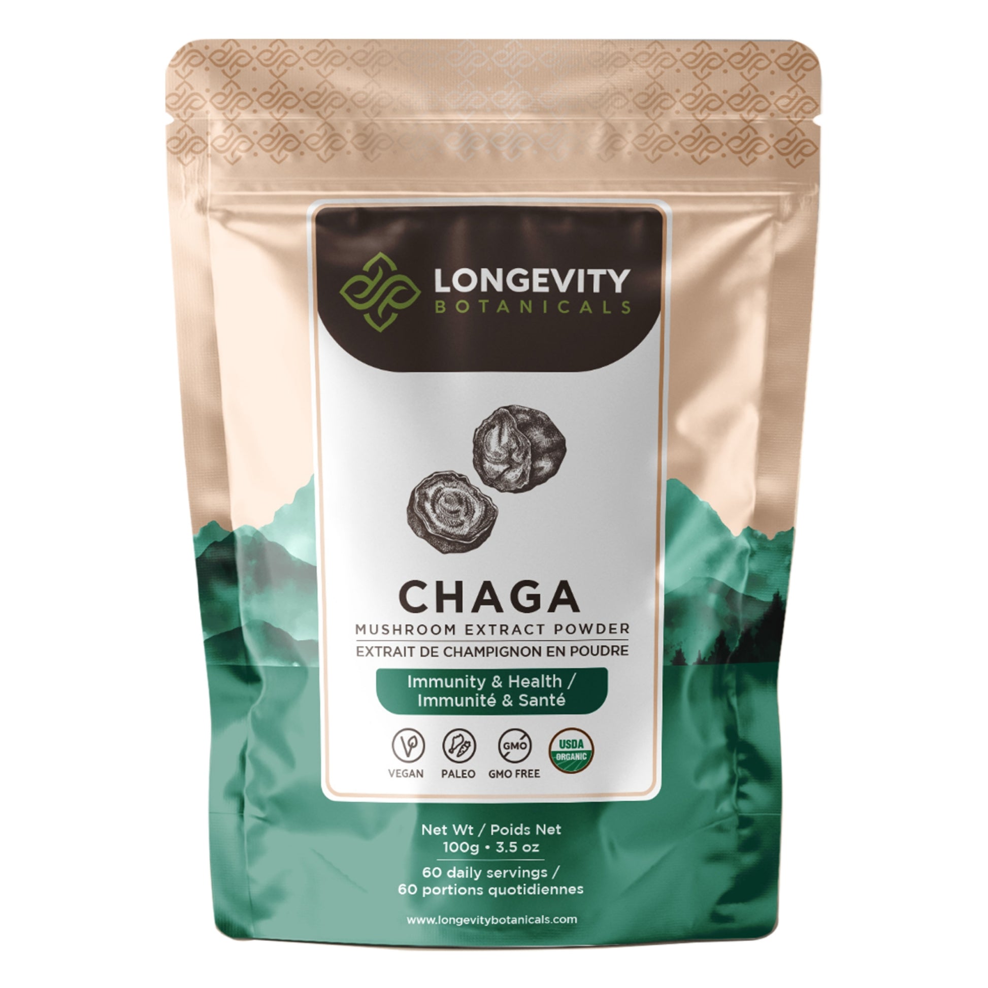 Organic Chaga Mushroom Extract Powder (100 Grams) - Immune System & Cellular Health Aid - LongevityBotanicals Mushrooms