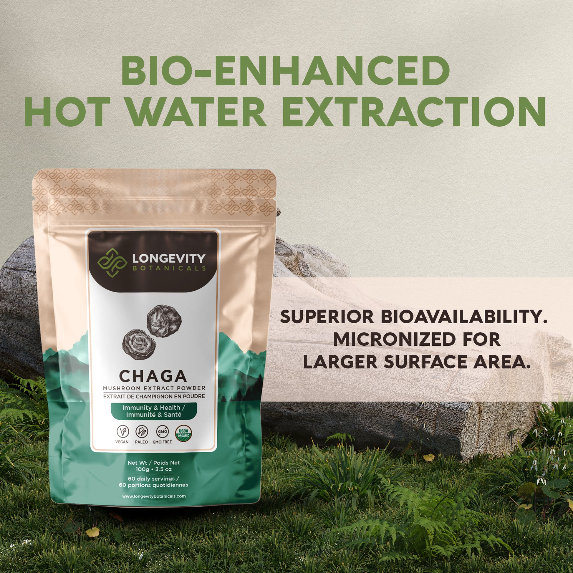 Organic Chaga Mushroom Extract Powder (100 Grams) - Immune System & Cellular Health Aid - LongevityBotanicals Mushrooms