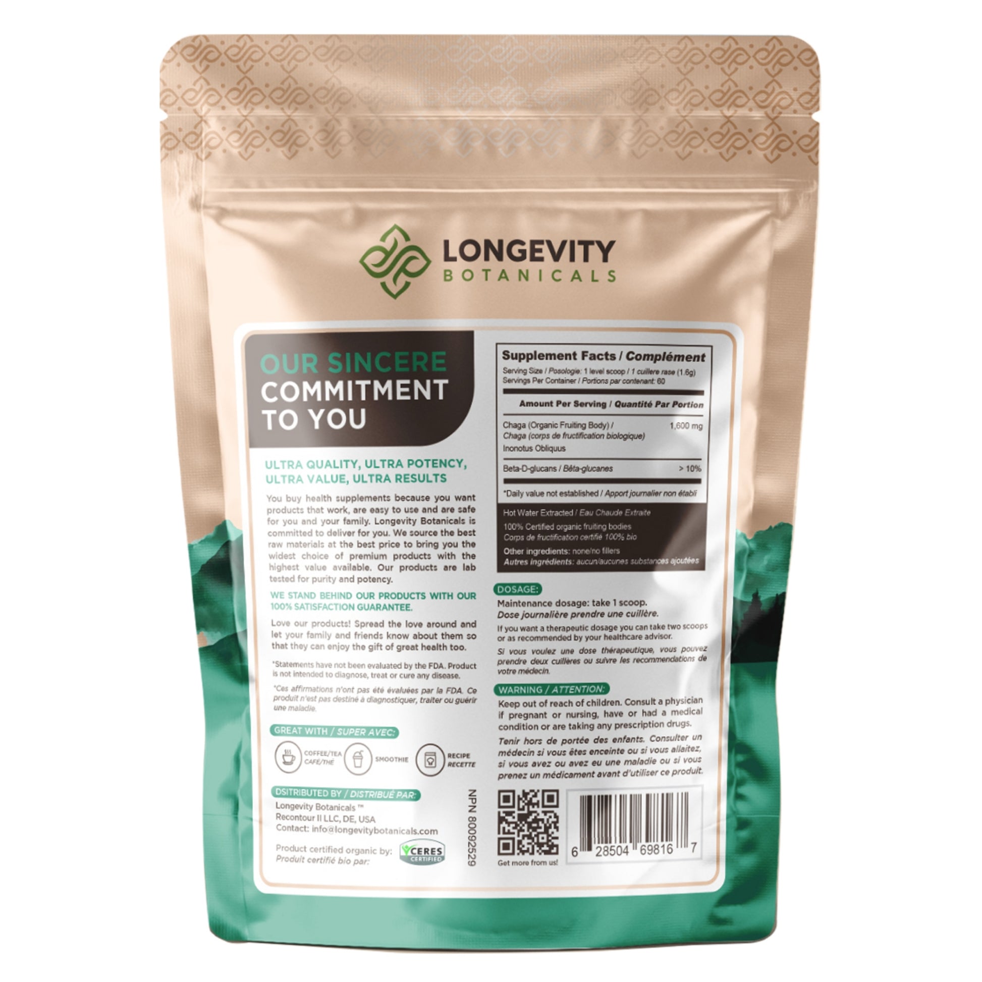 Organic Chaga Mushroom Extract Powder (100 Grams) - Immune System & Cellular Health Aid - LongevityBotanicals Mushrooms