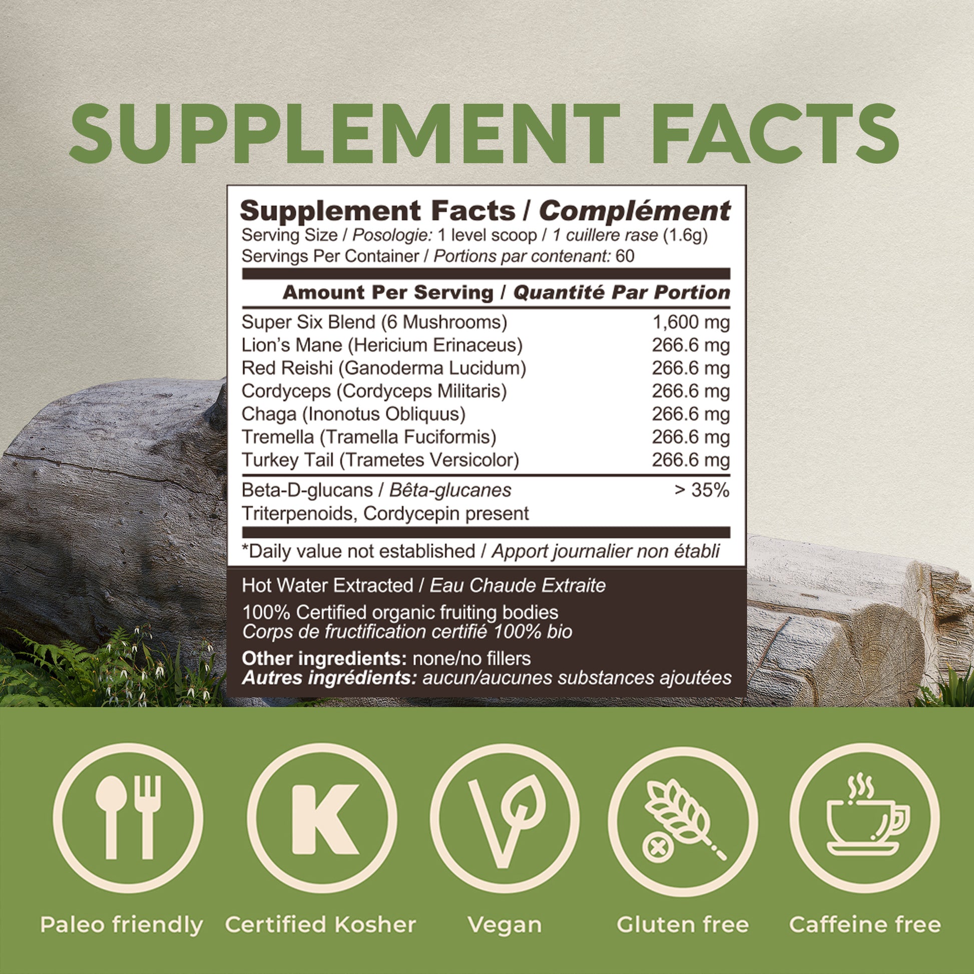 Organic Super Six Blend Mushroom Extract Powder (100 Grams) - All-in-One Health & Vitality - LongevityBotanicals Mushrooms