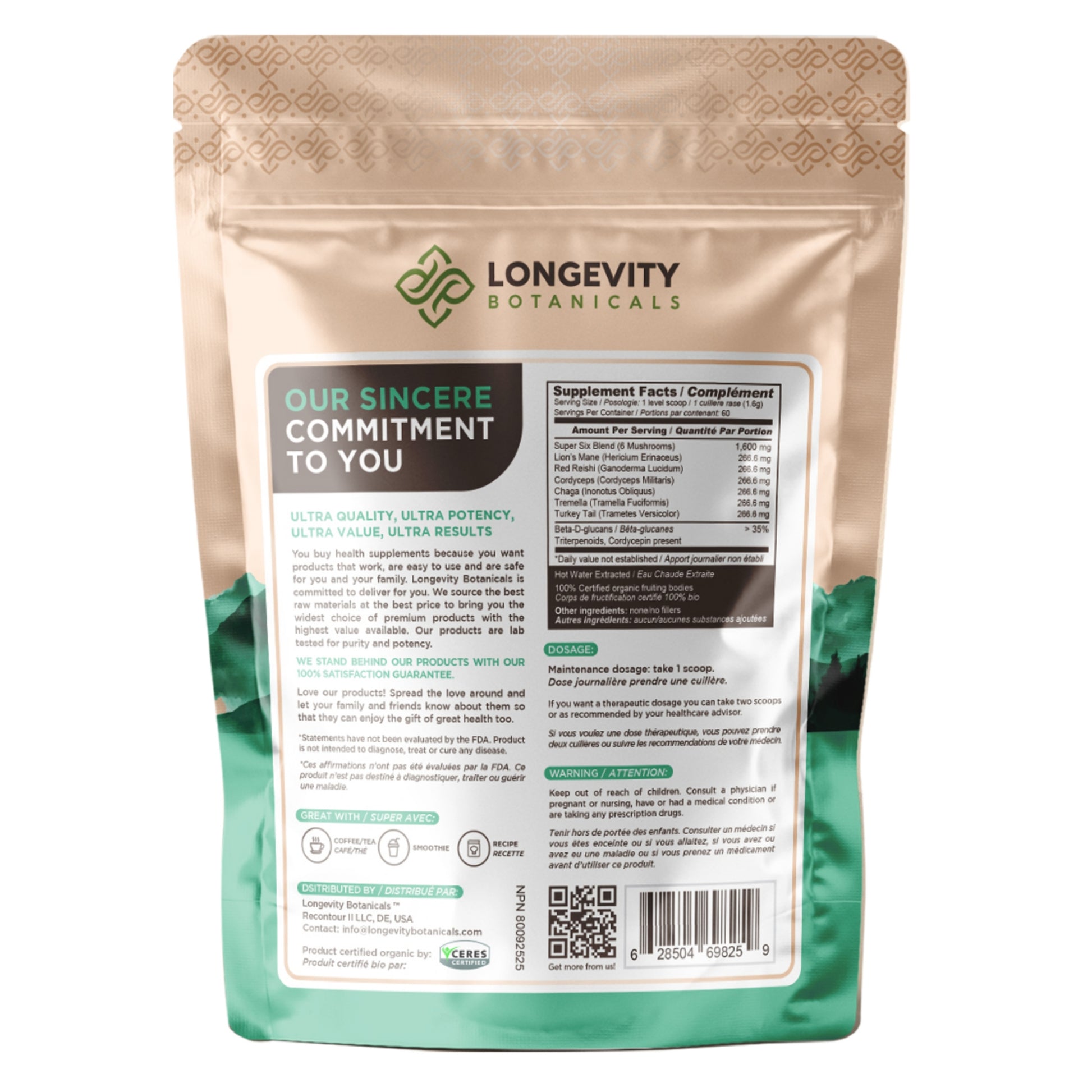 Organic Super Six Blend Mushroom Extract Powder (100 Grams) - All-in-One Health & Vitality - LongevityBotanicals Mushrooms