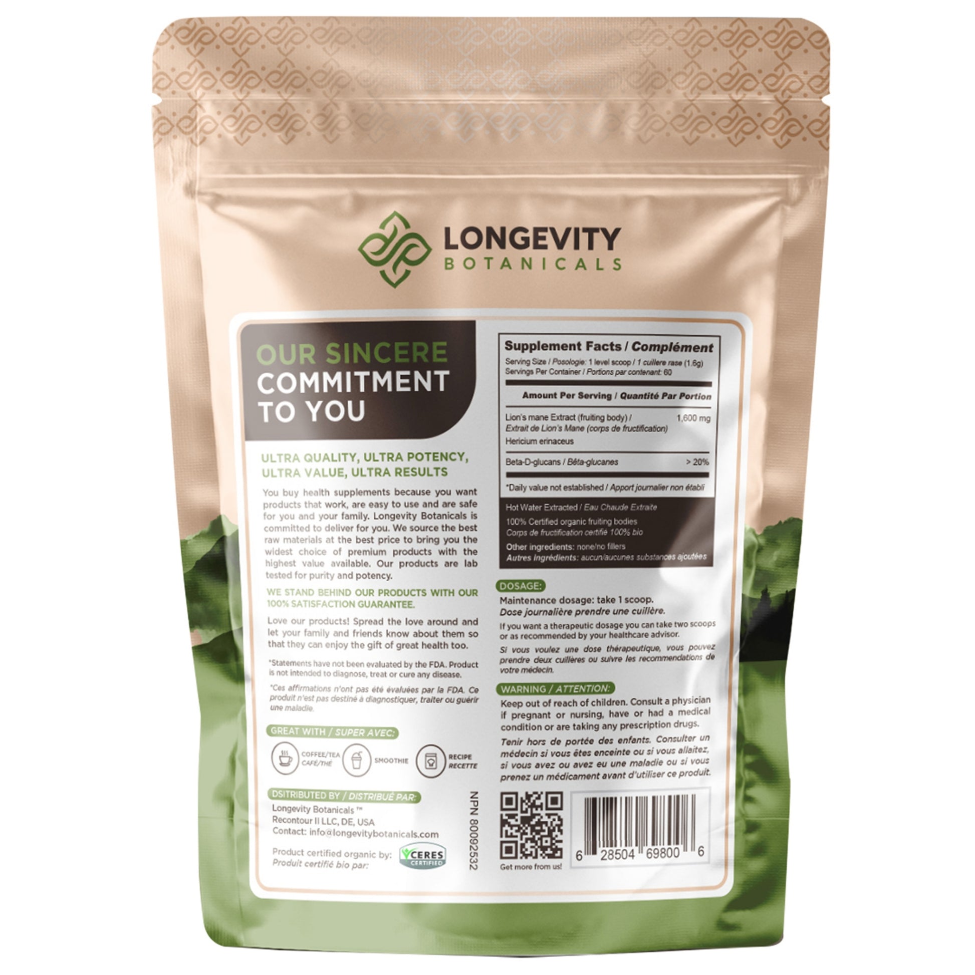 Organic Lion's Mane Mushroom Extract Powder (100 Grams) - Fuel for a Sharper Mind - LongevityBotanicals Mushrooms