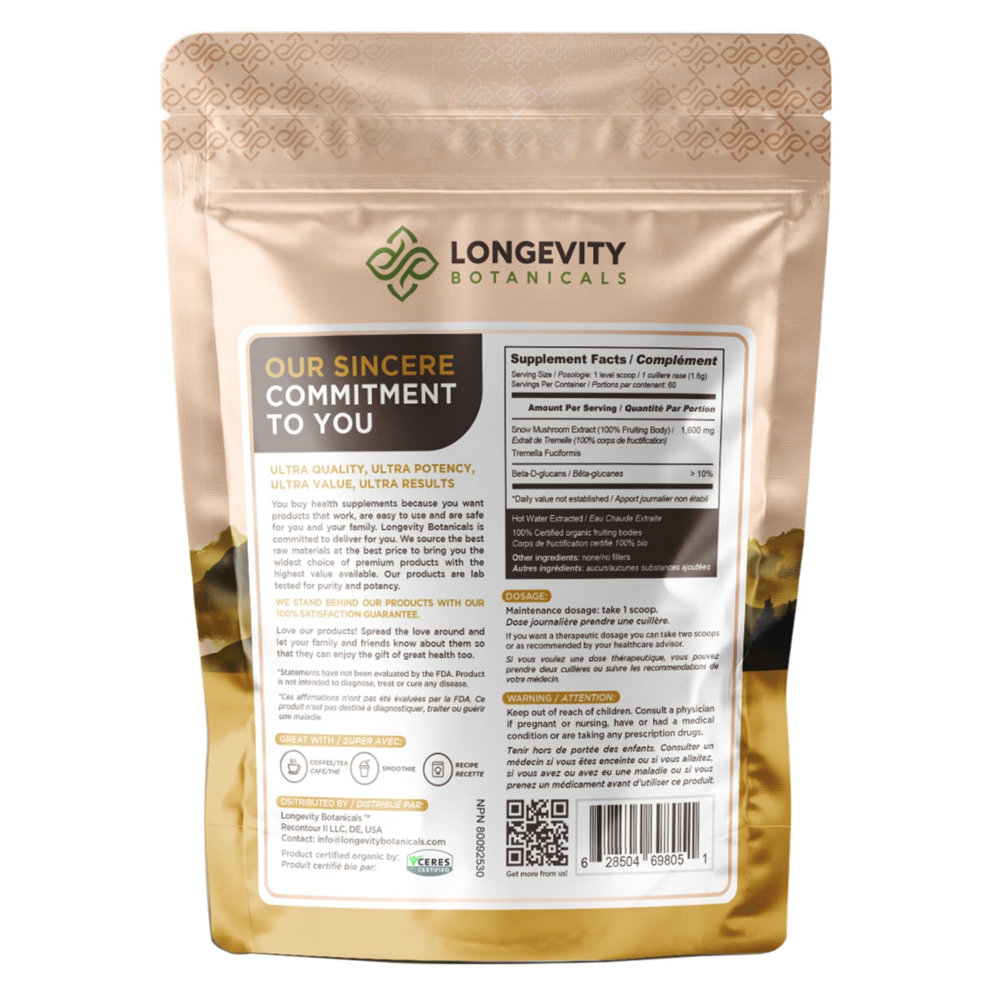 Organic Tremella Mushroom Extract Powder (100 Grams) - Skin Hydration Redefined - LongevityBotanicals Mushrooms