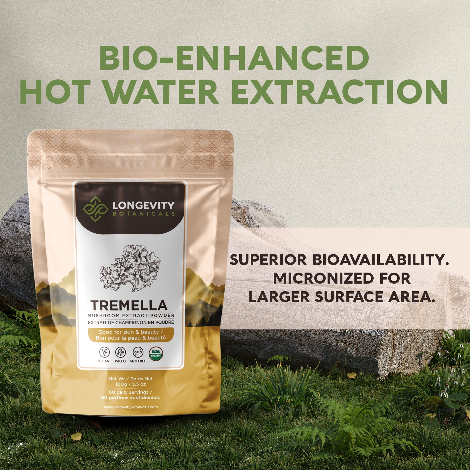 Organic Tremella Mushroom Extract Powder (100 Grams) - Skin Hydration Redefined - LongevityBotanicals Mushrooms