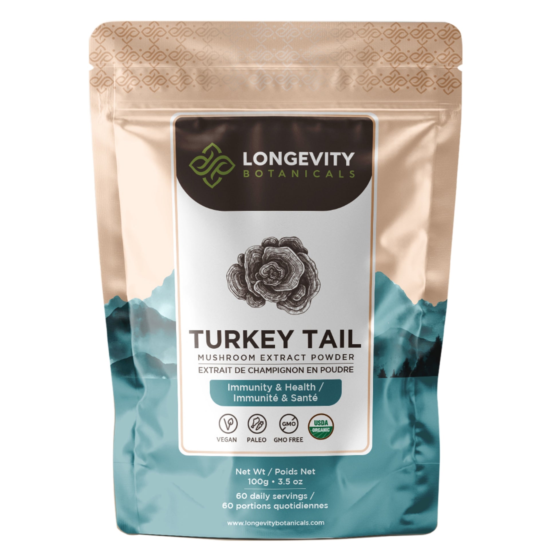 Organic Turkey Tail Mushroom Extract Powder (100 Grams) - Gut & Immune Health Booster - LongevityBotanicals Mushrooms