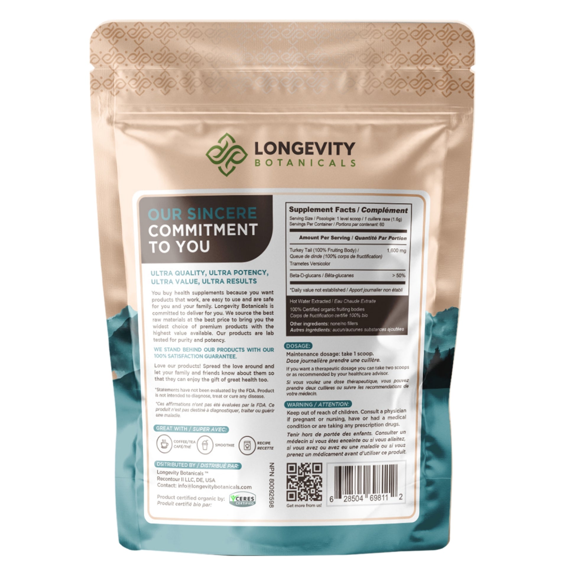 Organic Turkey Tail Mushroom Extract Powder (100 Grams) - Gut & Immune Health Booster - LongevityBotanicals Mushrooms