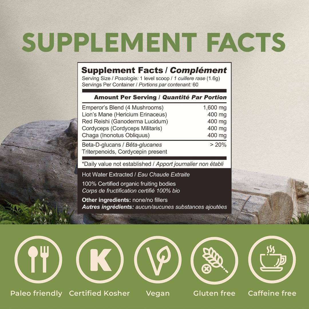 Organic Emperor 4 Blend Mushroom Extract Powder (100 Grams) - Ultimate Wellness Synergy - LongevityBotanicals Mushrooms