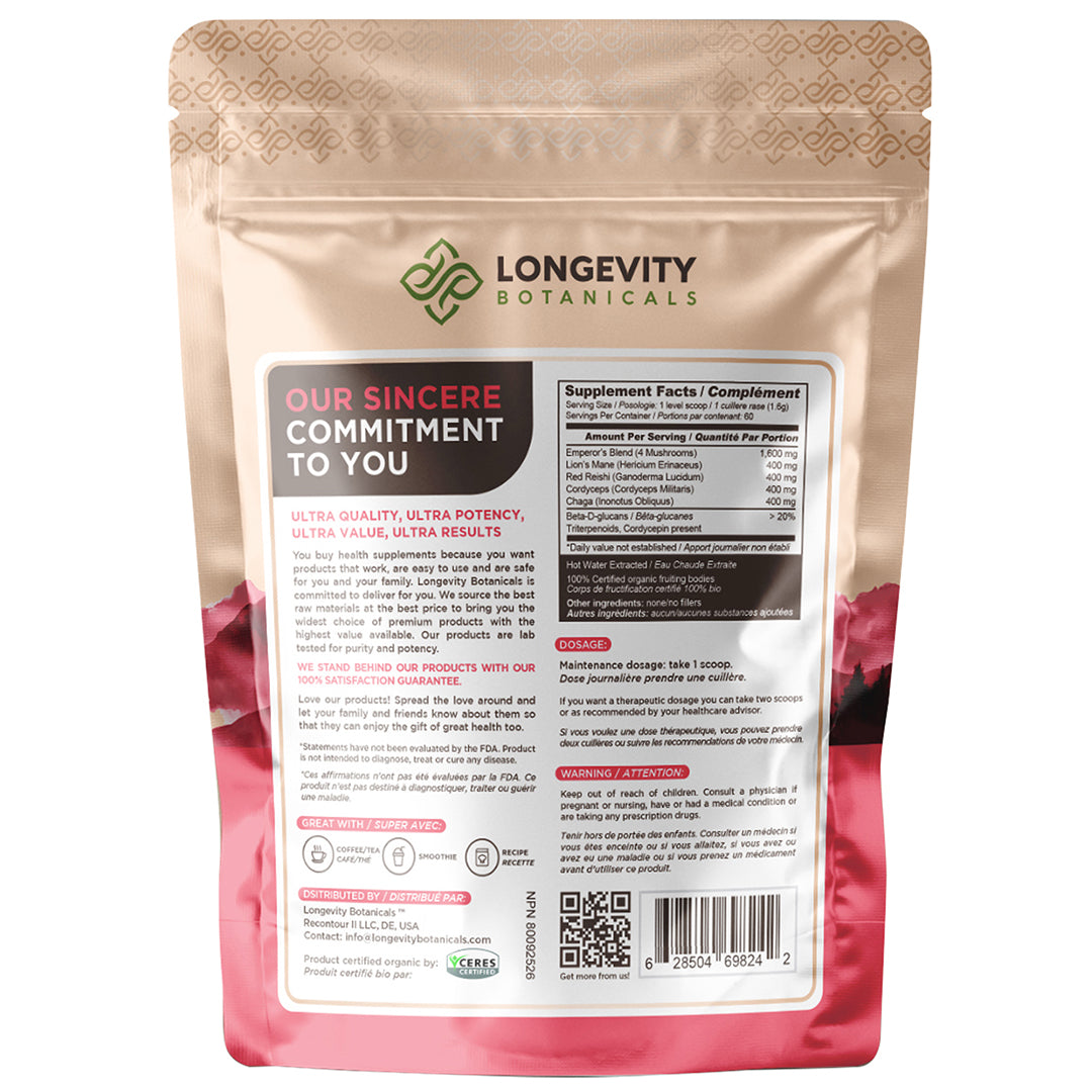 Organic Emperor 4 Blend Mushroom Extract Powder (100 Grams) - Ultimate Wellness Synergy - LongevityBotanicals Mushrooms